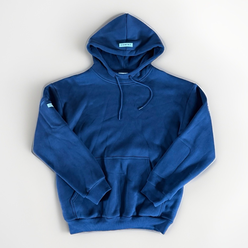 Comfrt Men's Navy Blue Solid Pullover Hoodie M Long Sleeve Pockets Logo